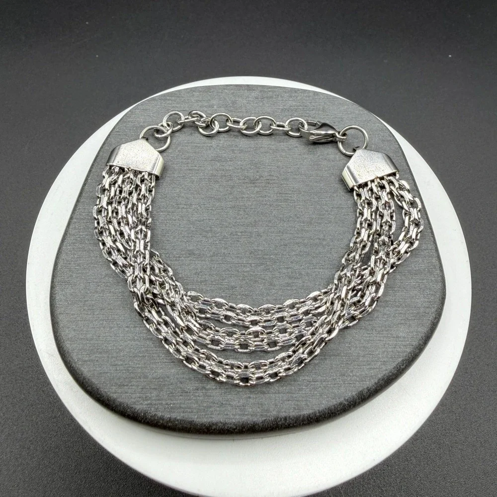 Silver Tone Multi Strand Chain Necklace Bracelet Set Chunky Statement Jewelry